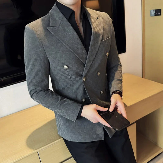 6 Color Fashion Double Breasted Plaid Suit Jacket Luxury Men Slim Fit Business Social Wedding Formal Suit Coats Plus Size 5XL-M