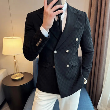 6 Color Fashion Double Breasted Plaid Suit Jacket Luxury Men Slim Fit Business Social Wedding Formal Suit Coats Plus Size 5XL-M