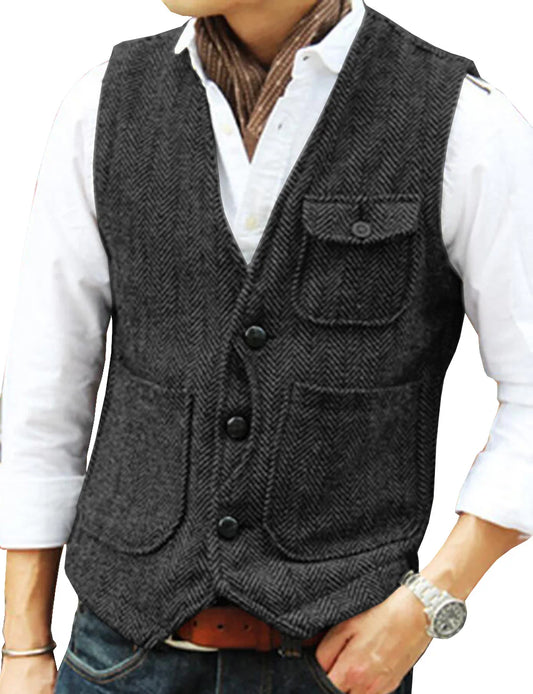 Men's Business Suit Vest Herringbone Tweed V Neck Formal Waistcoat for Wedding Suit or Tuxedo